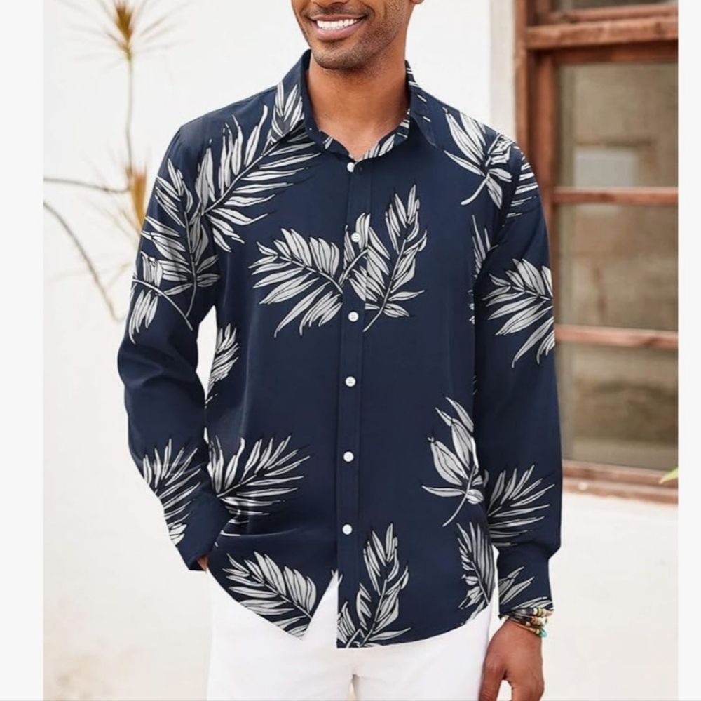 Mens tropical floral button down long sleeve tshirts